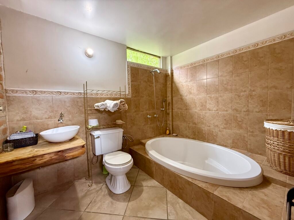 Bathroom with a shower and wood vanity